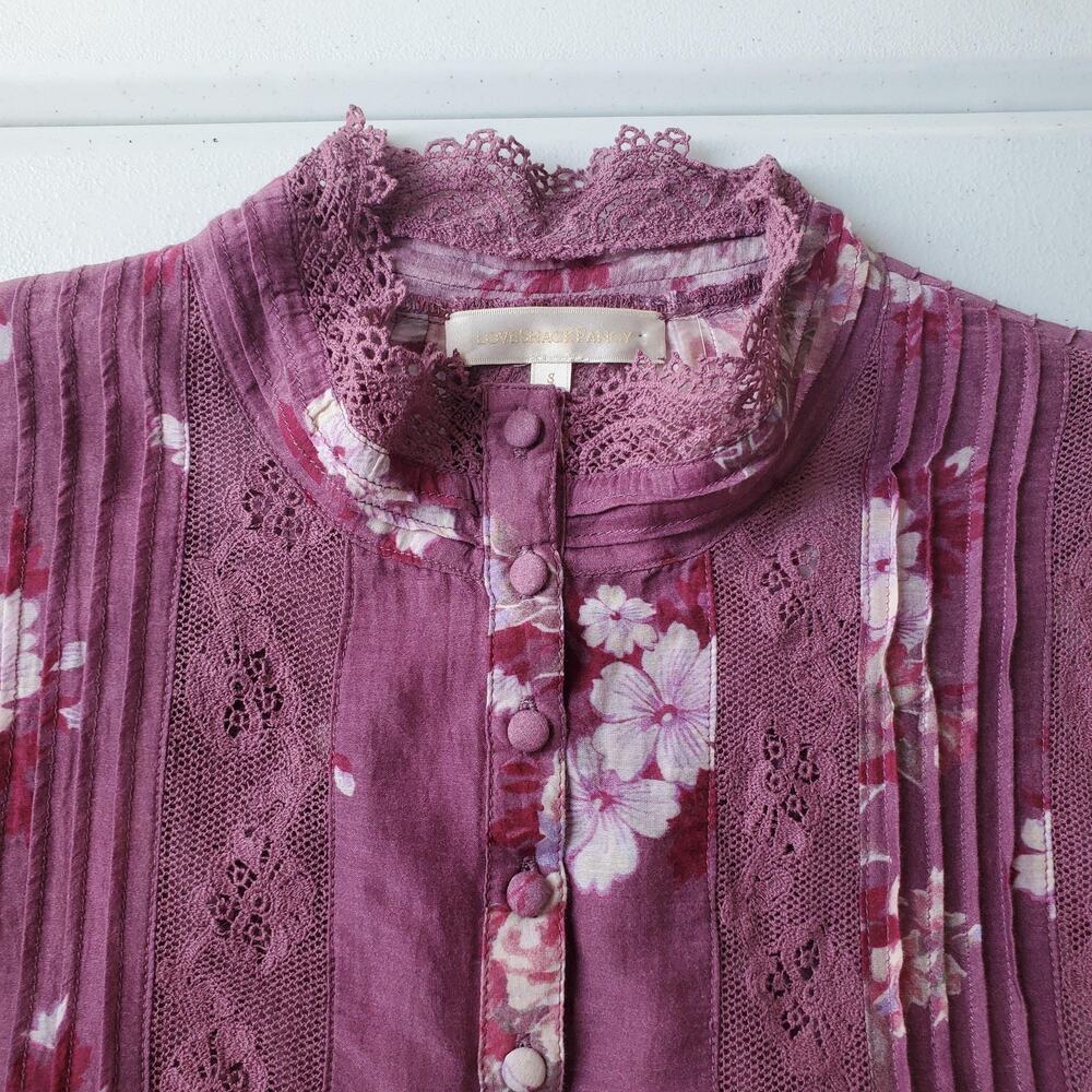LoveShackFancy Blouse Womens Small Purple Floral Lace High Neck Long Sleeve Top